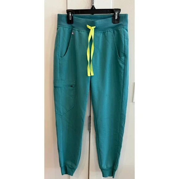 FIGS Zamora Jogger Scrub Pants Teal Green Neon Yellow Drawstring Womens XXS/P - Picture 1 of 5